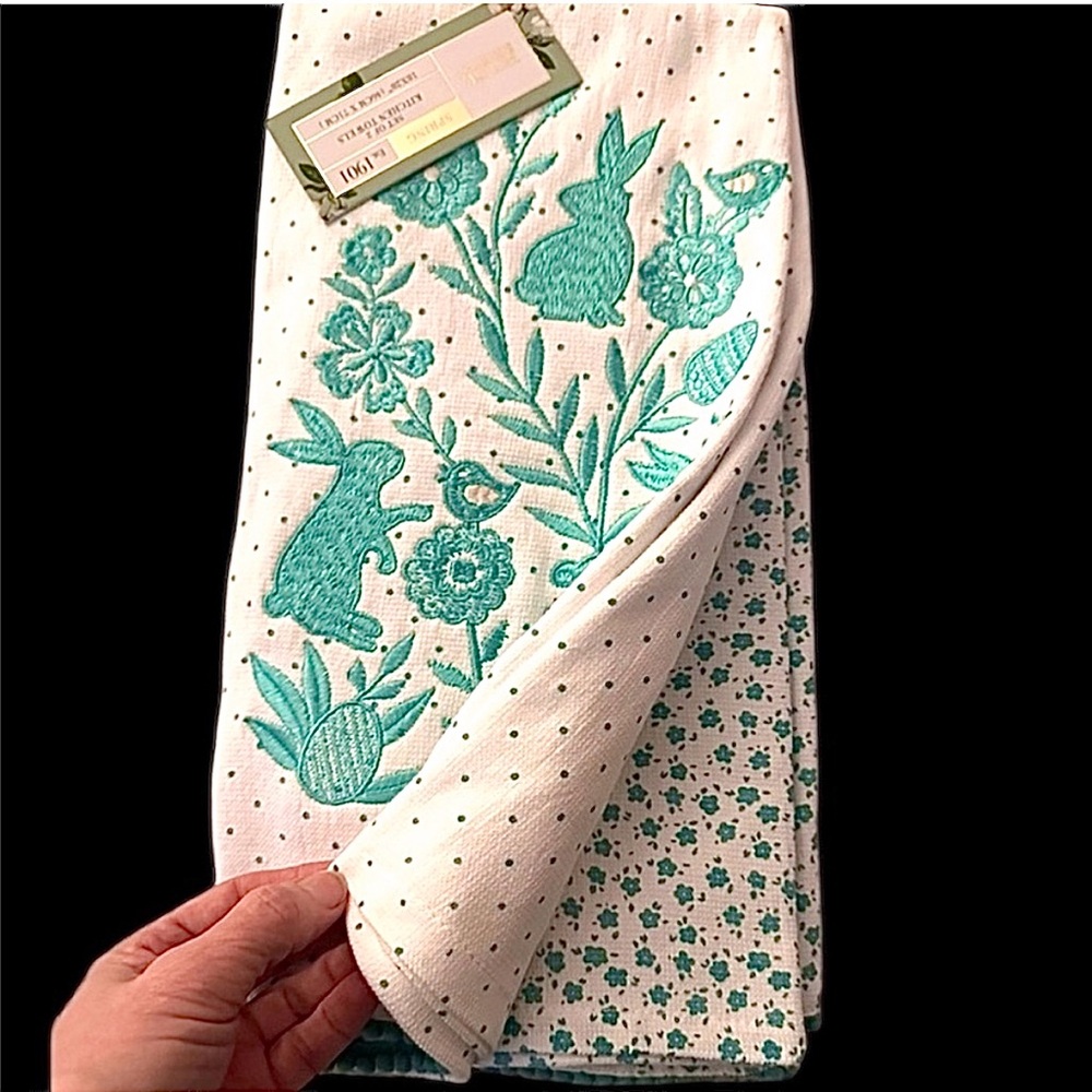 House & Garden Embroidered Easter Kitchen Towels Set of 2 Cotton